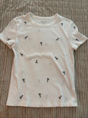 American Eagle White Ribbed Tee with Black Cocktail Embroidery